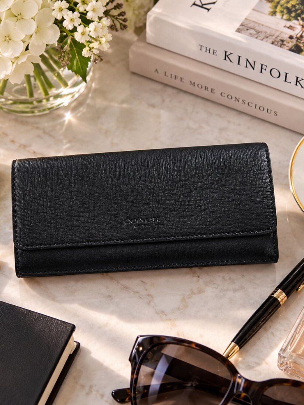 Coach Black Crossgrain Leather Slim Envelope Wallet Long Card Holder 7.75"